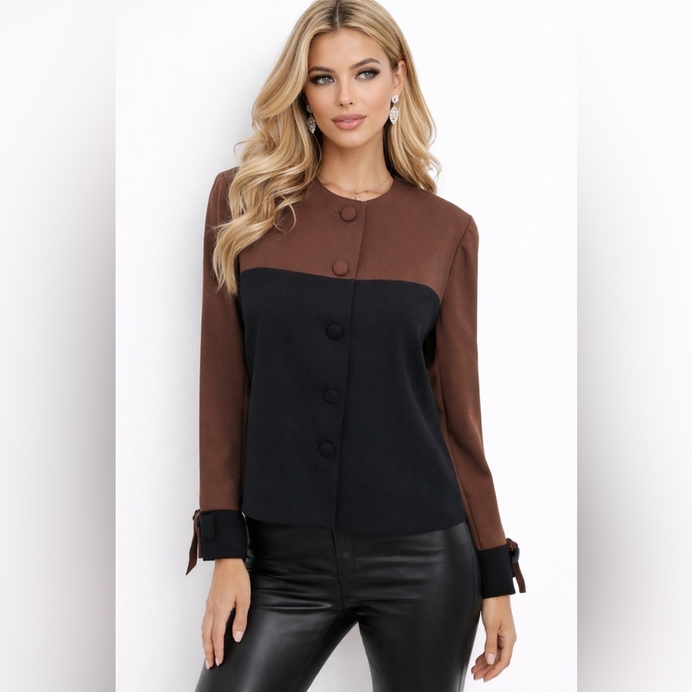 DW3 David Warren Womens Colorblock Blouse Size 6 Button Front Tie Cuff Top